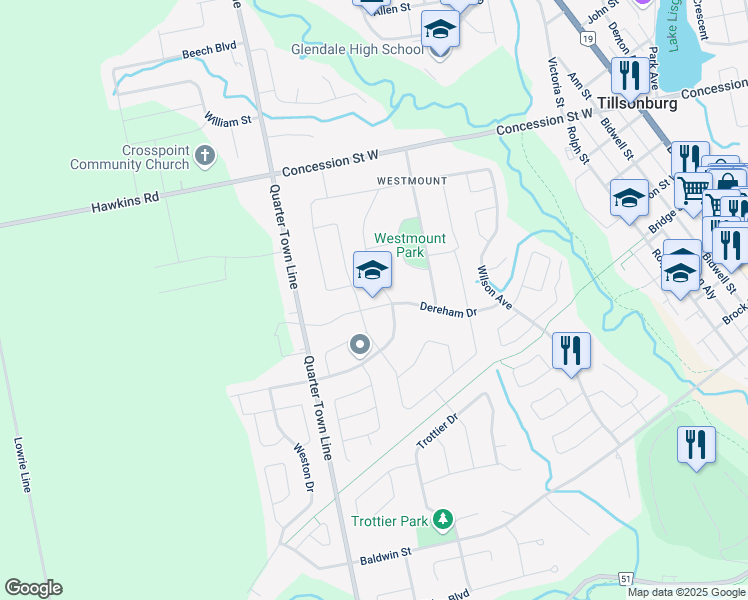 map of restaurants, bars, coffee shops, grocery stores, and more near 67 Dereham Drive in Tillsonburg