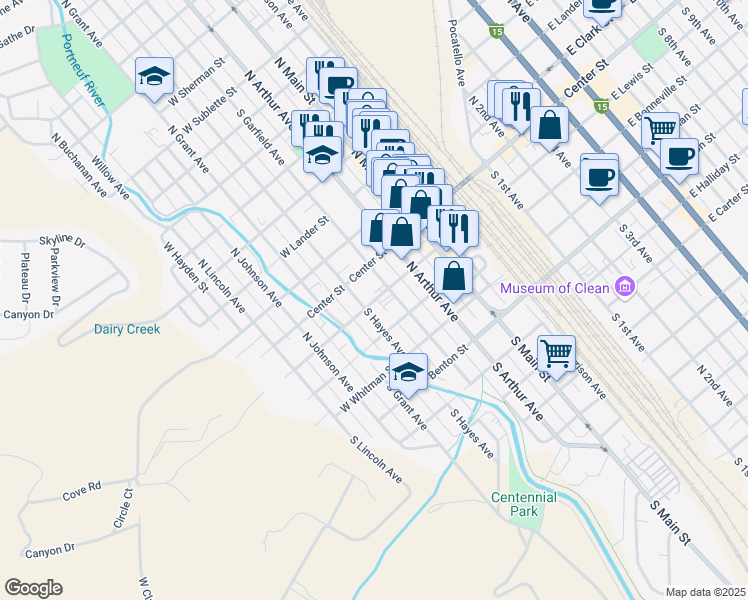 map of restaurants, bars, coffee shops, grocery stores, and more near West Lewis Street in Pocatello