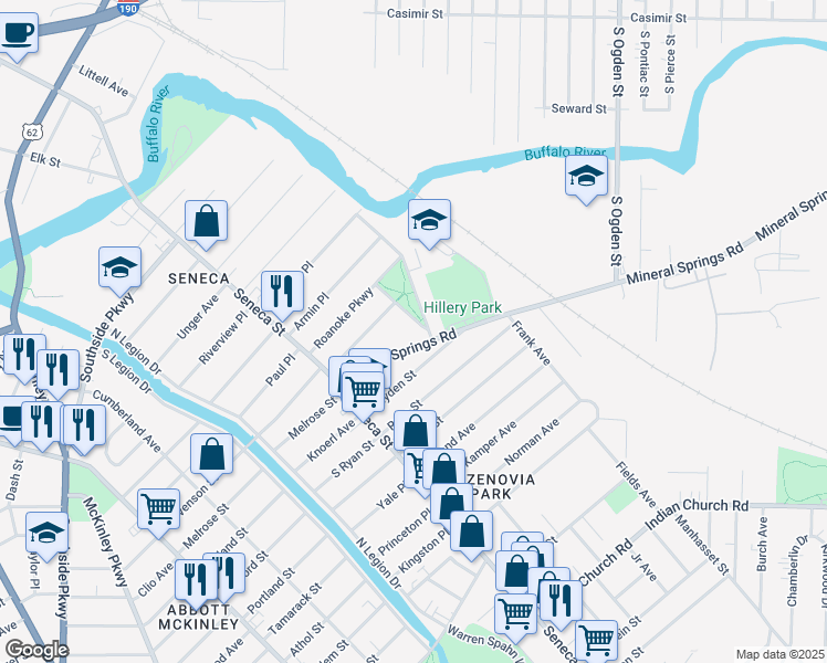 map of restaurants, bars, coffee shops, grocery stores, and more near 94 Mineral Springs Road in Buffalo