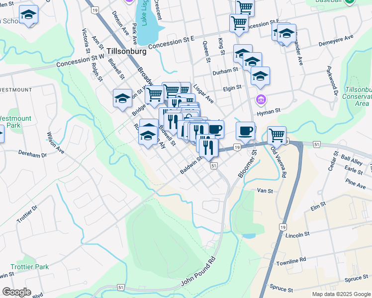 map of restaurants, bars, coffee shops, grocery stores, and more near 39 Brock Street West in Tillsonburg