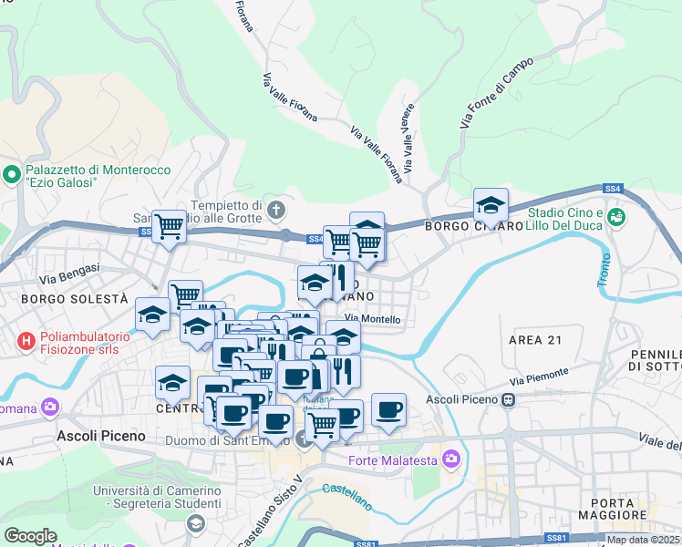 map of restaurants, bars, coffee shops, grocery stores, and more near 91 Viale Marcello Federici in Ascoli Piceno