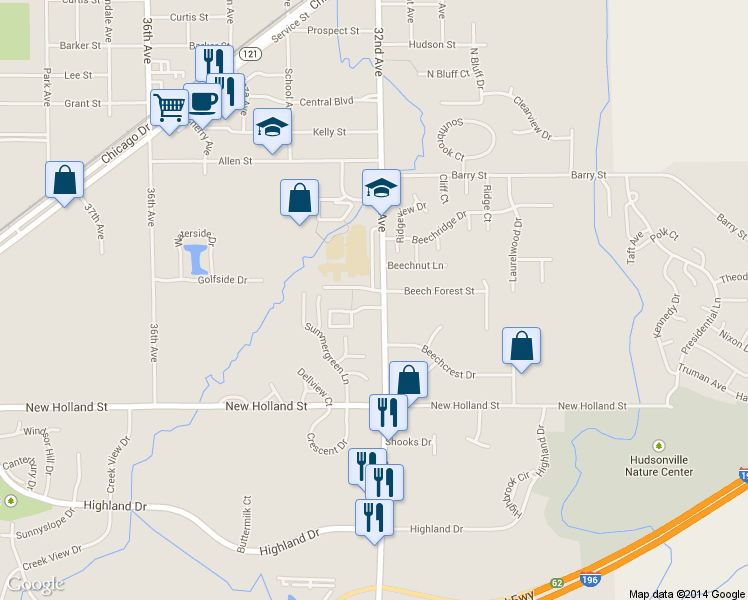 map of restaurants, bars, coffee shops, grocery stores, and more near 5005 32nd Avenue in Hudsonville