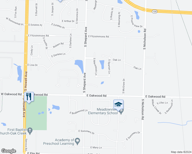 map of restaurants, bars, coffee shops, grocery stores, and more near 623 East Peach Tree Lane in Oak Creek