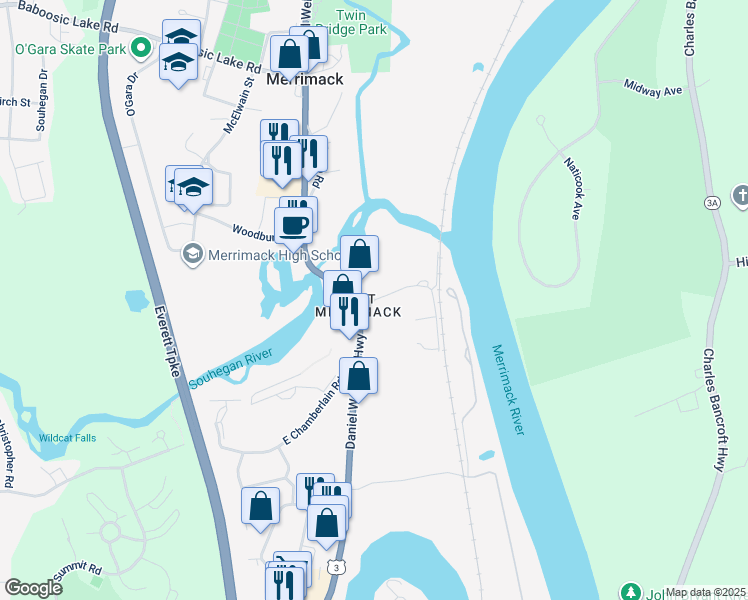 map of restaurants, bars, coffee shops, grocery stores, and more near 7 Railroad Avenue in Merrimack