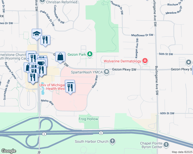 map of restaurants, bars, coffee shops, grocery stores, and more near Metro Way & Health Dr SW in Wyoming