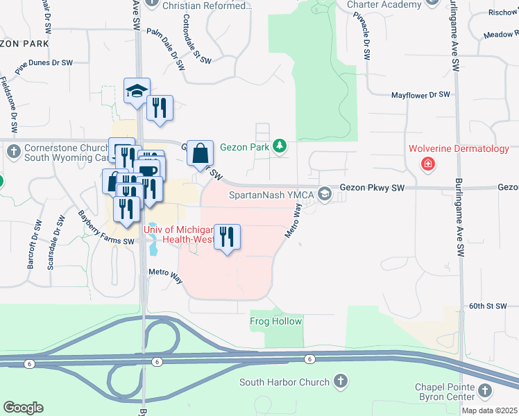 map of restaurants, bars, coffee shops, grocery stores, and more near 2080 Health Drive Southwest in Wyoming