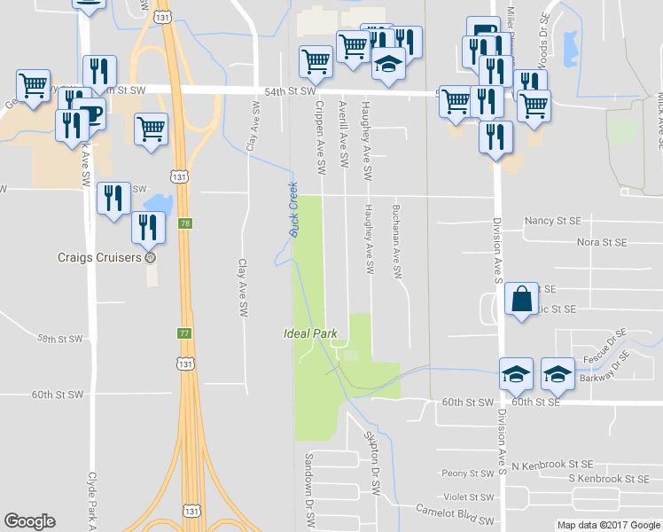 map of restaurants, bars, coffee shops, grocery stores, and more near 5772 Crippen Avenue Southwest in Grand Rapids