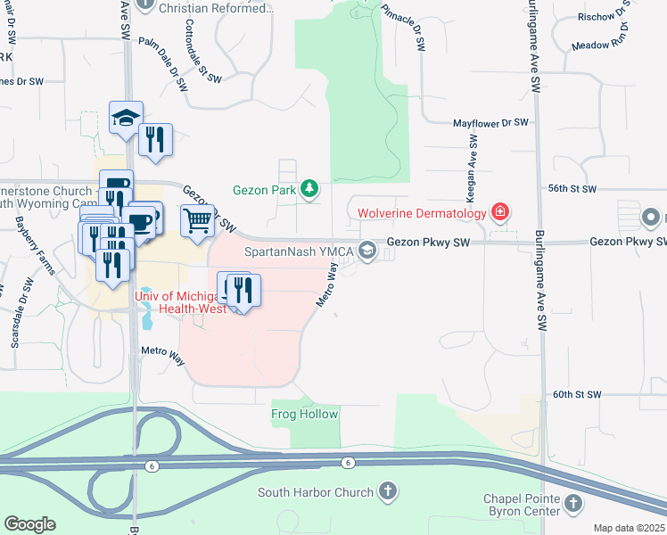 map of restaurants, bars, coffee shops, grocery stores, and more near Metro Way & Health Dr SW in Wyoming