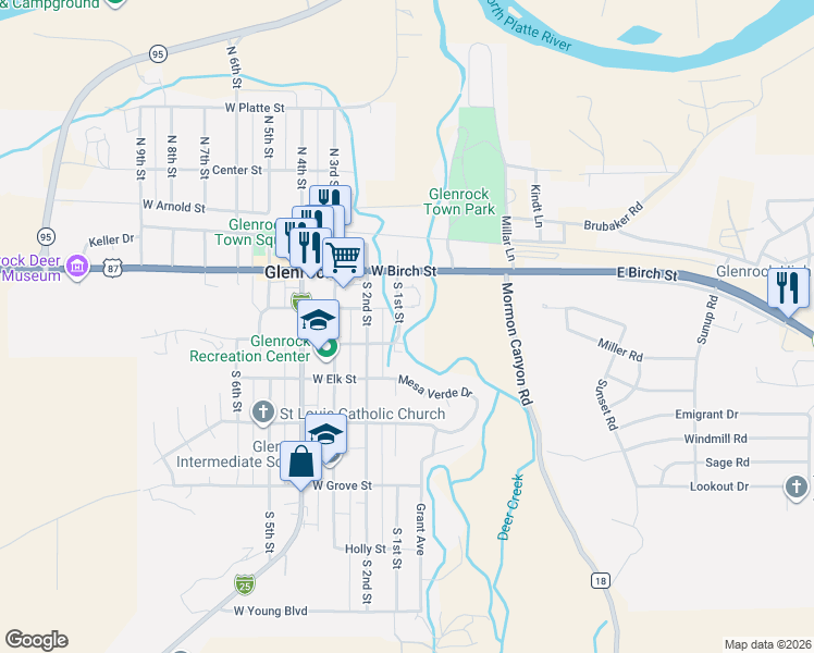 map of restaurants, bars, coffee shops, grocery stores, and more near 313-381 South 1st Street in Glenrock