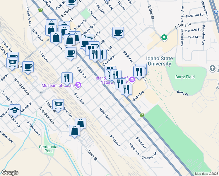 map of restaurants, bars, coffee shops, grocery stores, and more near 930 South 4th Avenue in Pocatello
