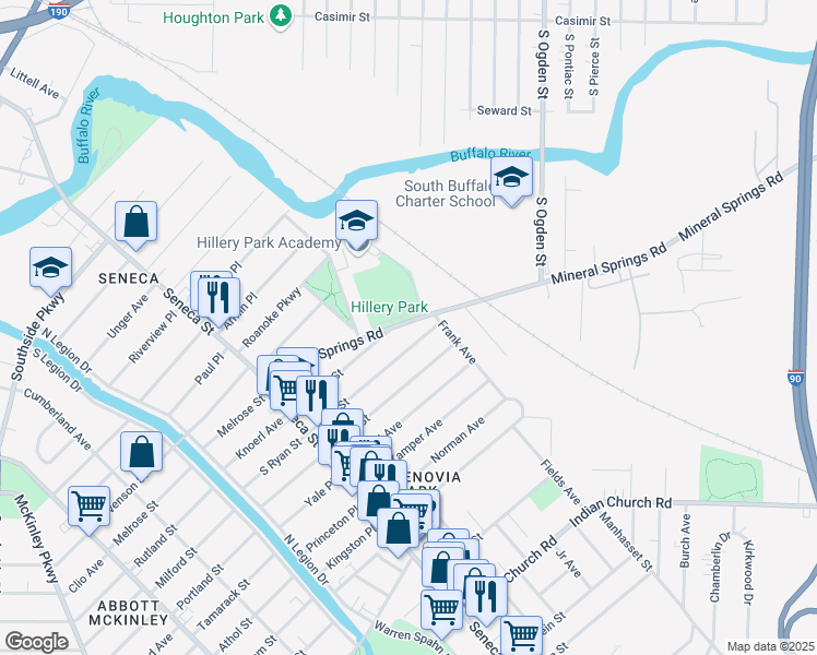 map of restaurants, bars, coffee shops, grocery stores, and more near 150 Ryan Street in Buffalo