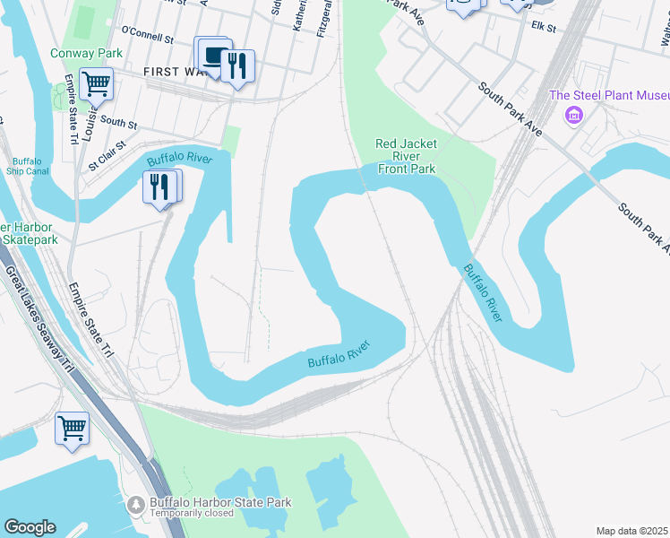 map of restaurants, bars, coffee shops, grocery stores, and more near 175 Buffalo River in Buffalo