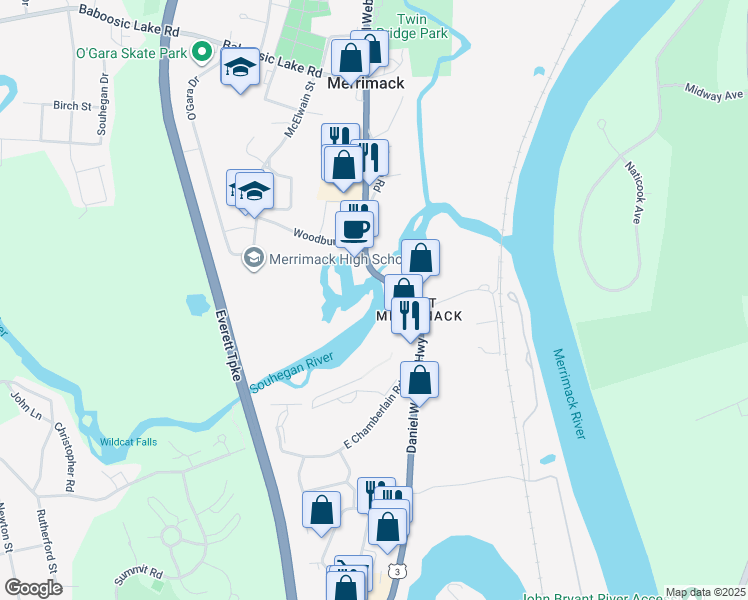 map of restaurants, bars, coffee shops, grocery stores, and more near 426 Daniel Webster Highway in Merrimack