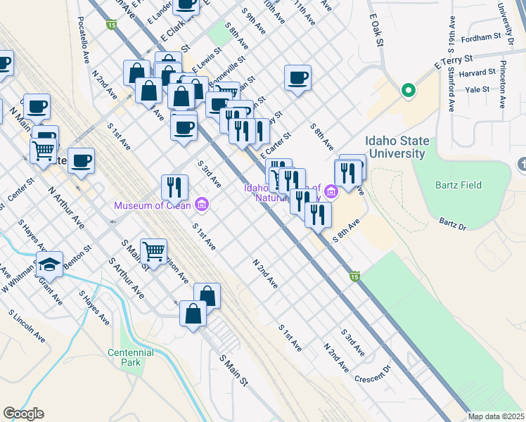 map of restaurants, bars, coffee shops, grocery stores, and more near 845 South 4th Avenue in Pocatello