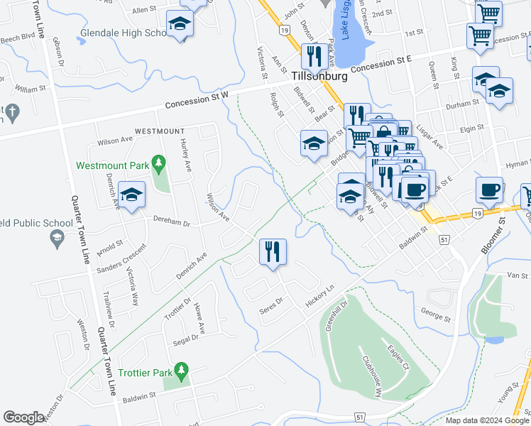 map of restaurants, bars, coffee shops, grocery stores, and more near 21 Balazs Court in Tillsonburg