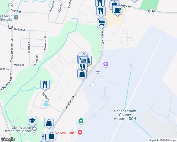 map of restaurants, bars, coffee shops, grocery stores, and more near 133 Saratoga Road in Glenville