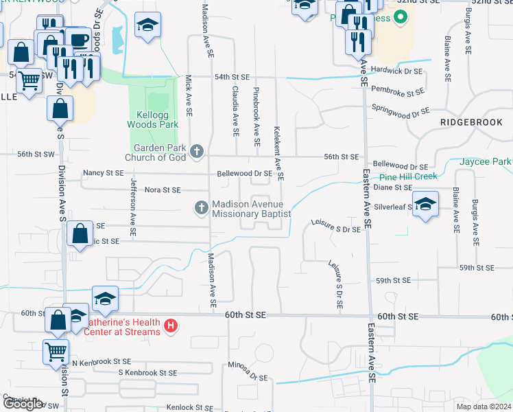 map of restaurants, bars, coffee shops, grocery stores, and more near 444 Bellewood Drive Southeast in Grand Rapids