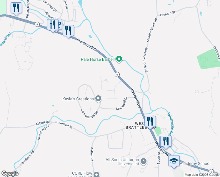 map of restaurants, bars, coffee shops, grocery stores, and more near 18 Lawton Street in West Brattleboro