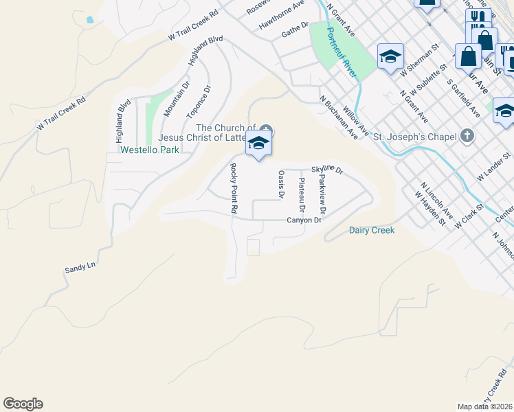 map of restaurants, bars, coffee shops, grocery stores, and more near 380 Canyon Drive in Pocatello