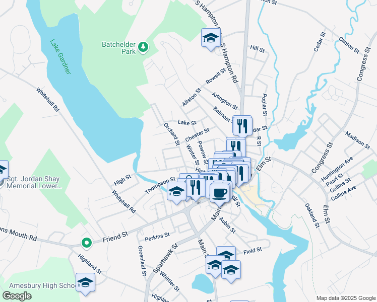 map of restaurants, bars, coffee shops, grocery stores, and more near 12 Winter Street in Amesbury