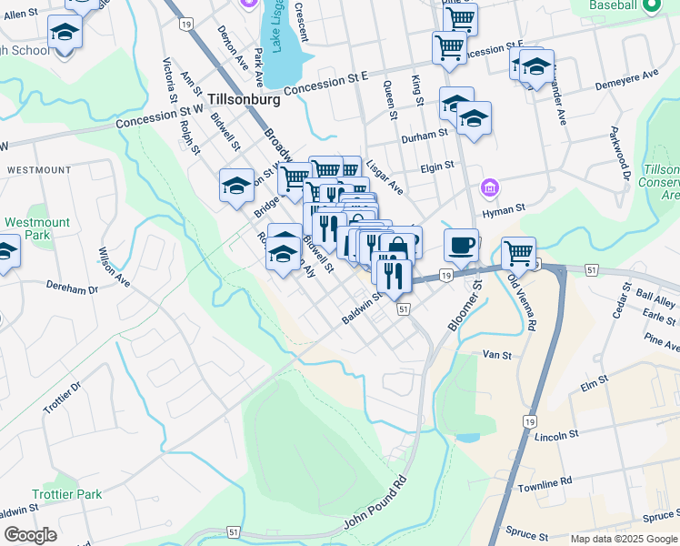 map of restaurants, bars, coffee shops, grocery stores, and more near 39 Brock Street West in Tillsonburg