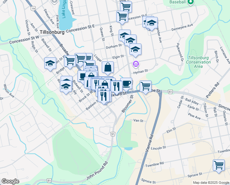 map of restaurants, bars, coffee shops, grocery stores, and more near 12 Harvey Street in Tillsonburg