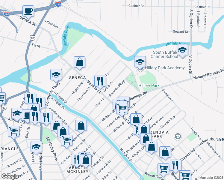 map of restaurants, bars, coffee shops, grocery stores, and more near 31 Roanoke Parkway in Buffalo