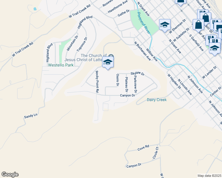 map of restaurants, bars, coffee shops, grocery stores, and more near 157 Mesa Drive in Pocatello