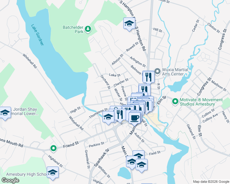 map of restaurants, bars, coffee shops, grocery stores, and more near 22 Winter Street in Amesbury