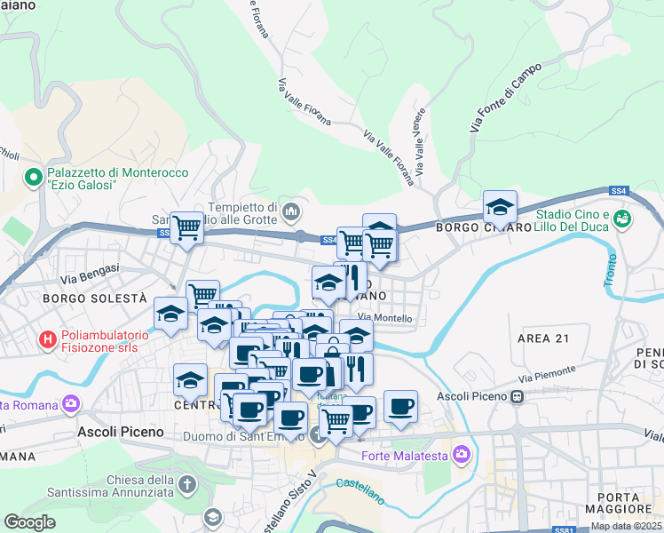 map of restaurants, bars, coffee shops, grocery stores, and more near 91 Viale Marcello Federici in Ascoli Piceno