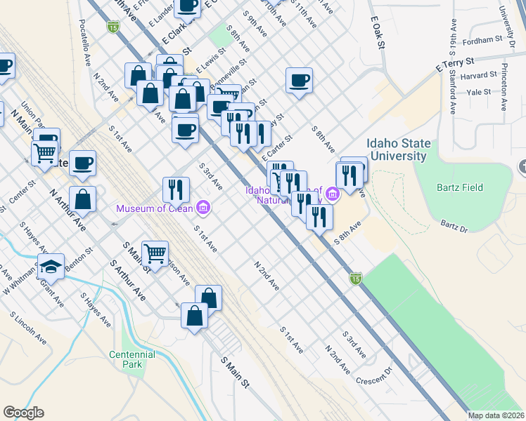 map of restaurants, bars, coffee shops, grocery stores, and more near 841 South 4th Avenue in Pocatello