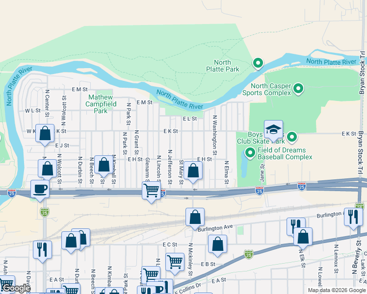 map of restaurants, bars, coffee shops, grocery stores, and more near 914 North Mckinley Street in Casper