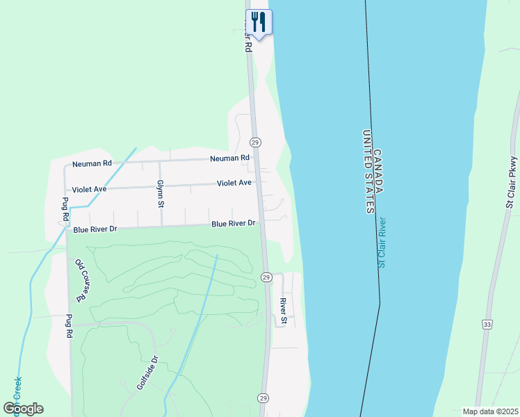 map of restaurants, bars, coffee shops, grocery stores, and more near 1586 River Road in Saint Clair