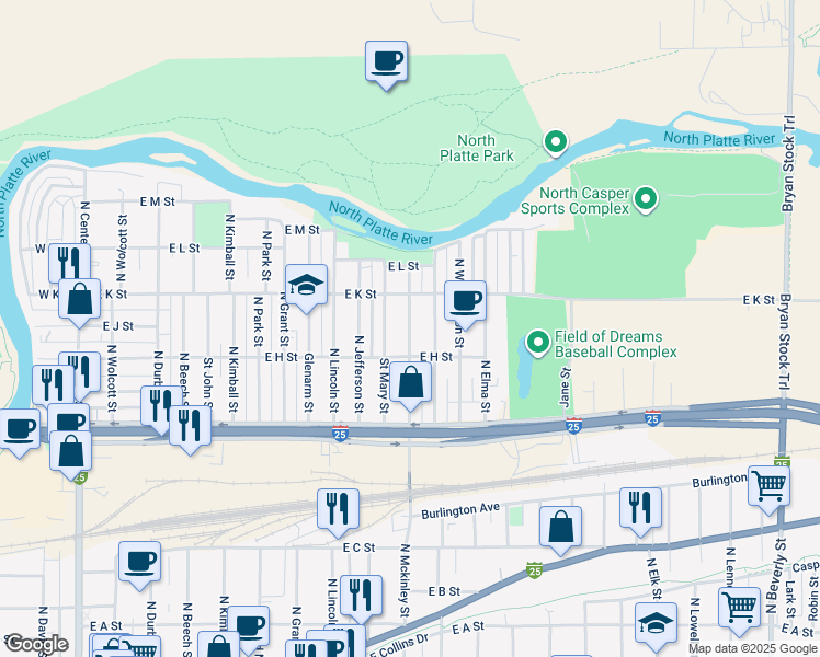 map of restaurants, bars, coffee shops, grocery stores, and more near 914 North Mckinley Street in Casper