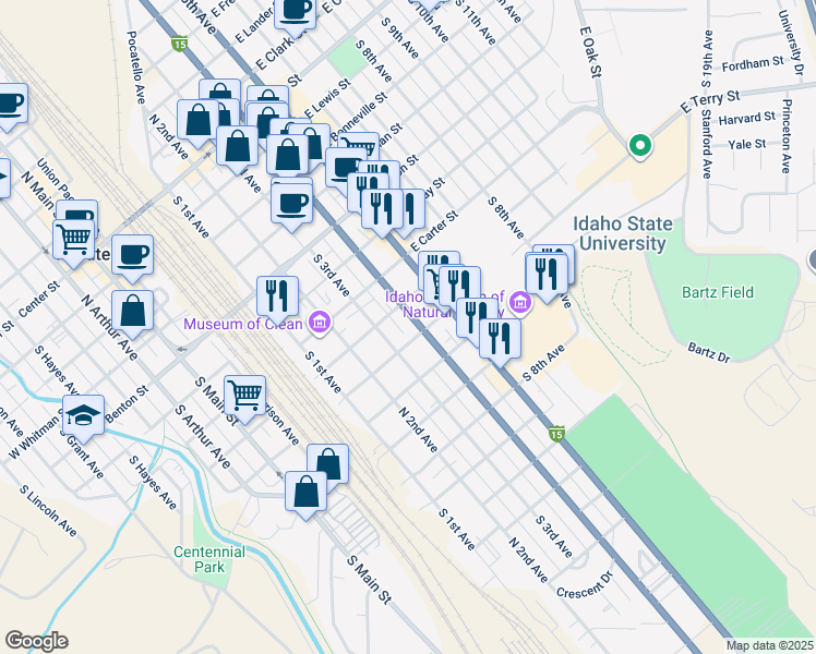 map of restaurants, bars, coffee shops, grocery stores, and more near 408 East Terry Street in Pocatello