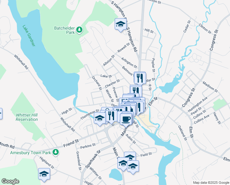 map of restaurants, bars, coffee shops, grocery stores, and more near 12 Winter Street in Amesbury