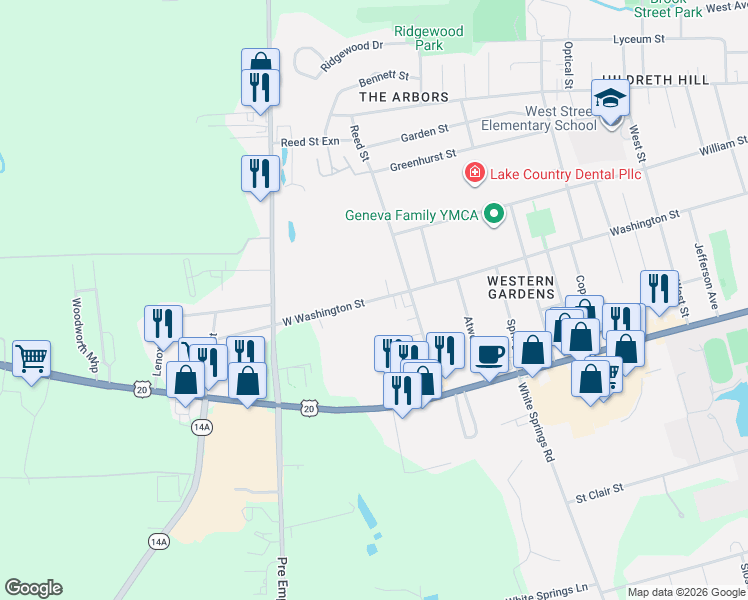 map of restaurants, bars, coffee shops, grocery stores, and more near 609-611 West Washington Street in Geneva