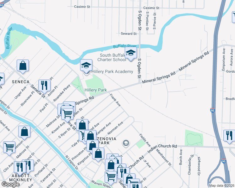 map of restaurants, bars, coffee shops, grocery stores, and more near 32 Frank Avenue in Buffalo