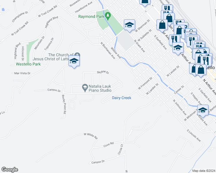 map of restaurants, bars, coffee shops, grocery stores, and more near 148 Canyon Drive in Pocatello