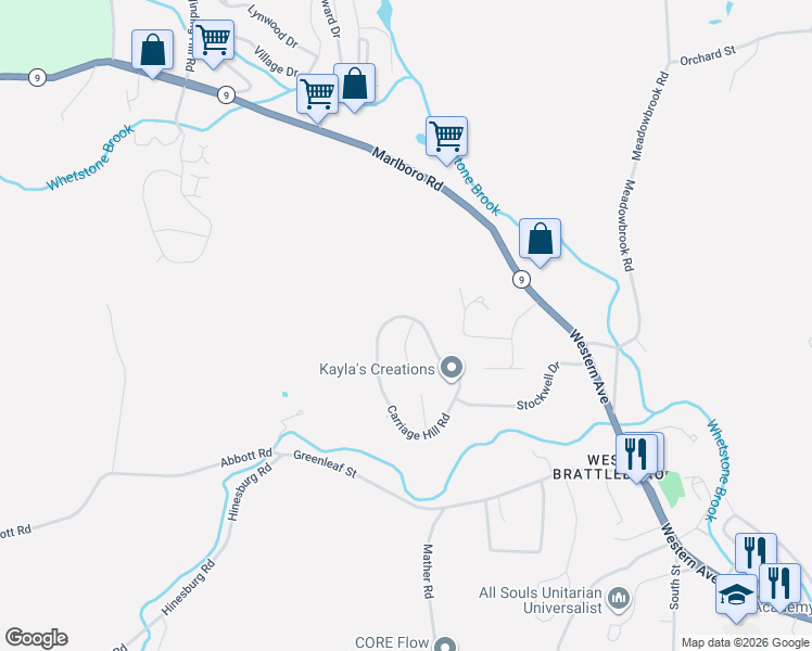 map of restaurants, bars, coffee shops, grocery stores, and more near 82 Carriage Hill Road in West Brattleboro