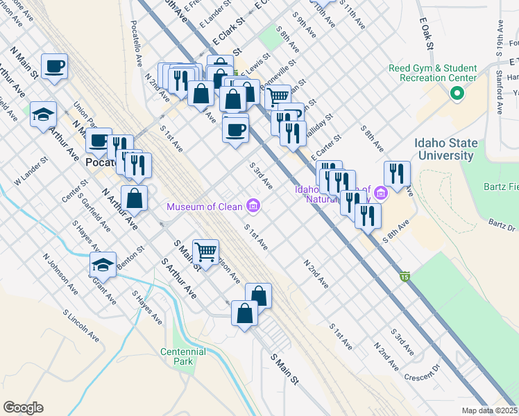 map of restaurants, bars, coffee shops, grocery stores, and more near 711 South 2nd Avenue in Pocatello