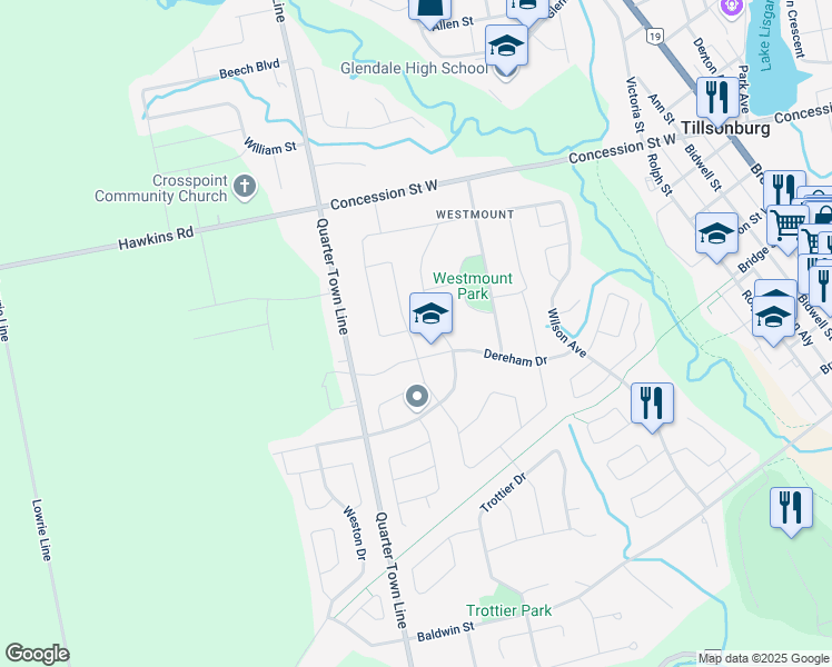 map of restaurants, bars, coffee shops, grocery stores, and more near 67 Dereham Drive in Tillsonburg