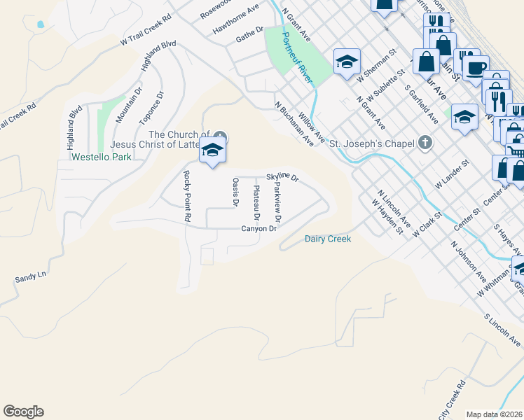 map of restaurants, bars, coffee shops, grocery stores, and more near 250 Canyon Drive in Pocatello