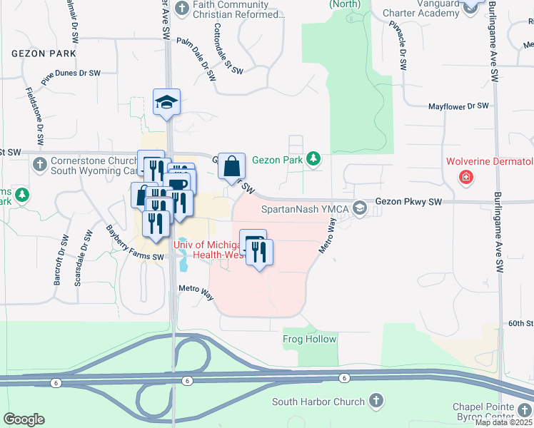 map of restaurants, bars, coffee shops, grocery stores, and more near 2147 Health Drive Southwest in Wyoming