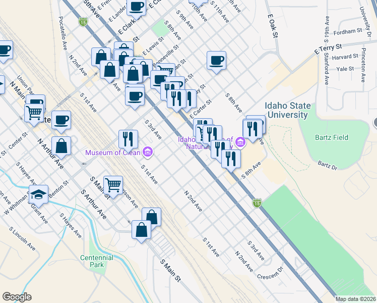map of restaurants, bars, coffee shops, grocery stores, and more near 821 South 4th Avenue in Pocatello