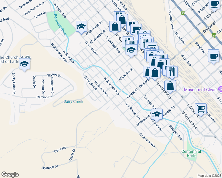 map of restaurants, bars, coffee shops, grocery stores, and more near 238 North Lincoln Avenue in Pocatello