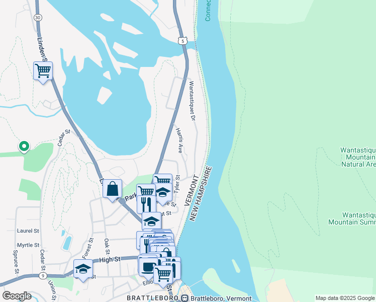 map of restaurants, bars, coffee shops, grocery stores, and more near 53 Harris Avenue in Brattleboro