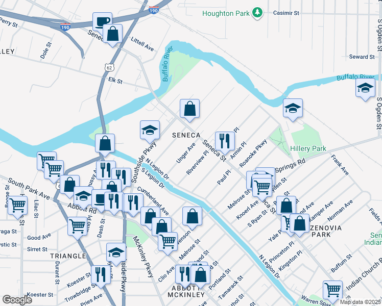 map of restaurants, bars, coffee shops, grocery stores, and more near 83 Riverview Place in Buffalo