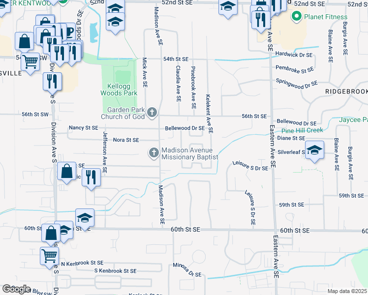 map of restaurants, bars, coffee shops, grocery stores, and more near 5765 Pinebrook Avenue Southeast in Kentwood
