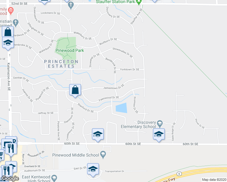 map of restaurants, bars, coffee shops, grocery stores, and more near 2194 Jamestown Drive Southeast in Kentwood